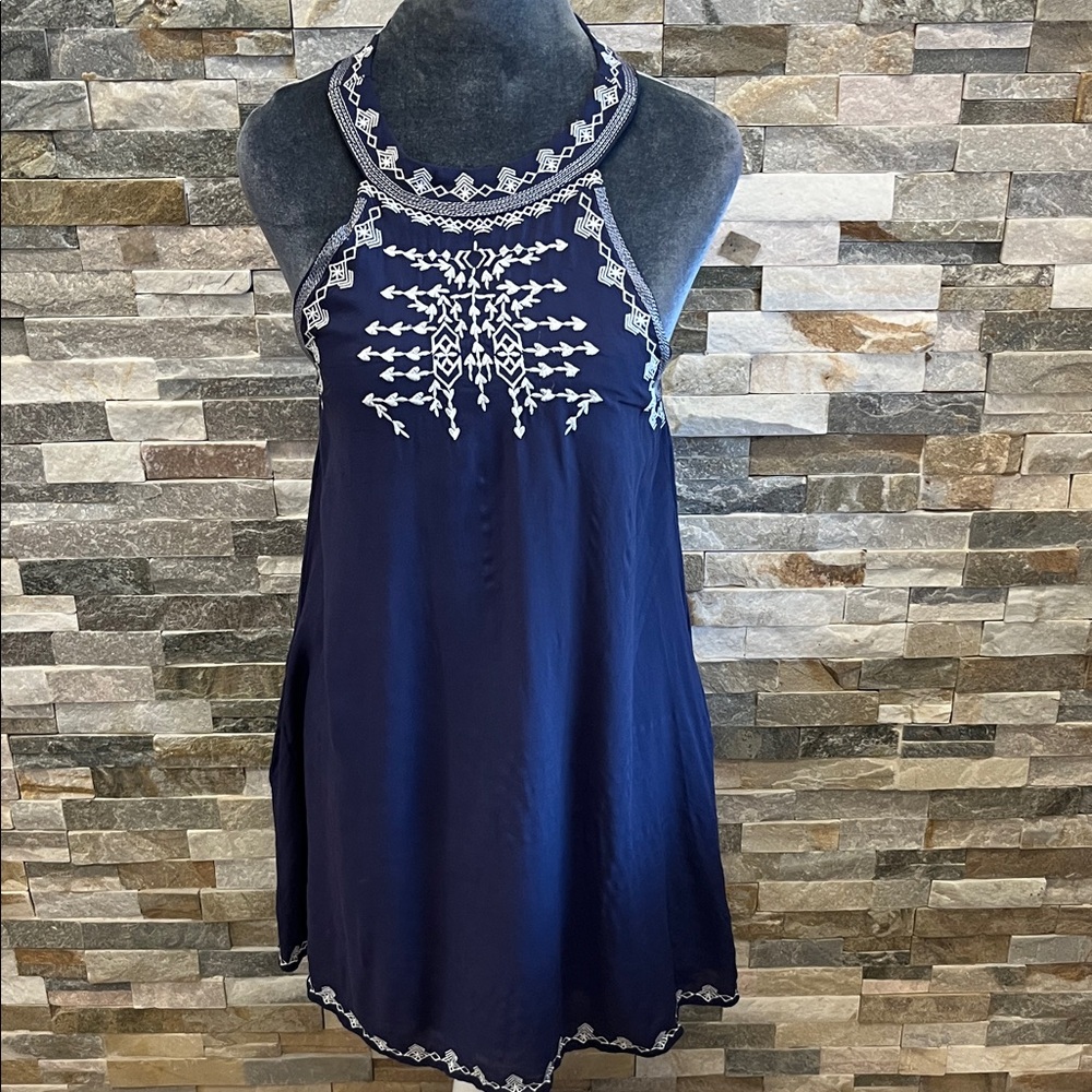 Navy Blue Embroidered Halter Dress